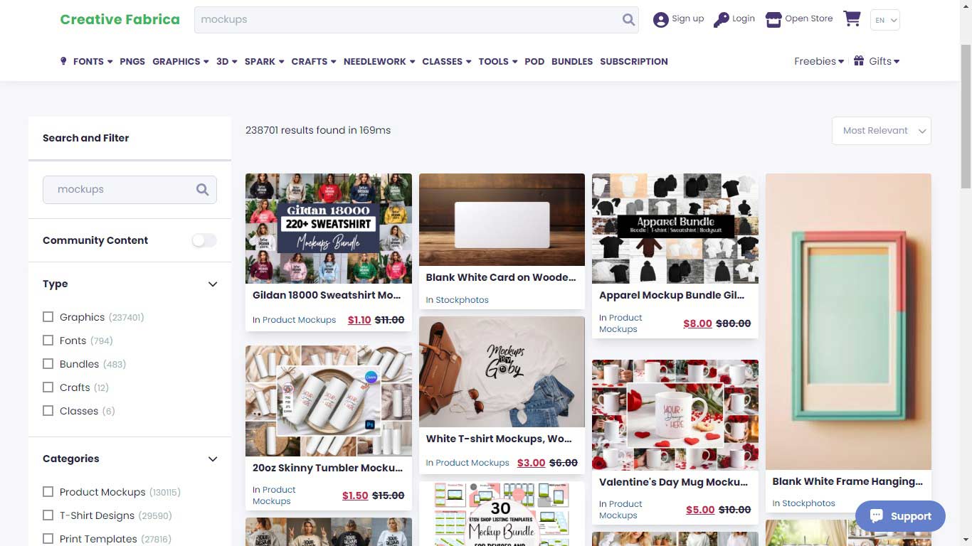 Screenshot image of Creative Fabrica website, on the mockups search results page.