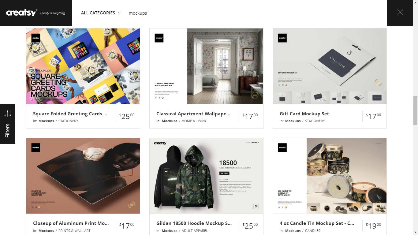 Screenshot image of Creatsy website, on the mockups search results page.