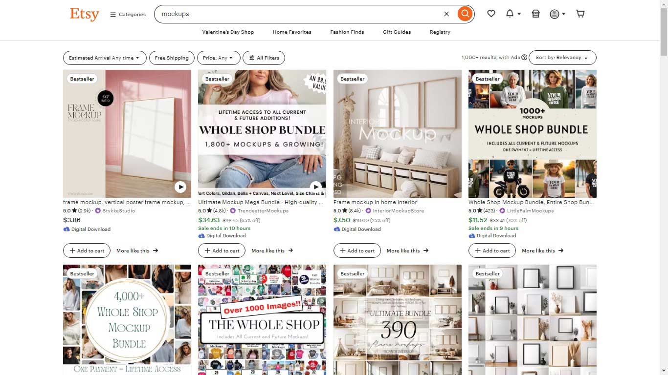 Screenshot image of Etsy Market website, on the mockups search results page.