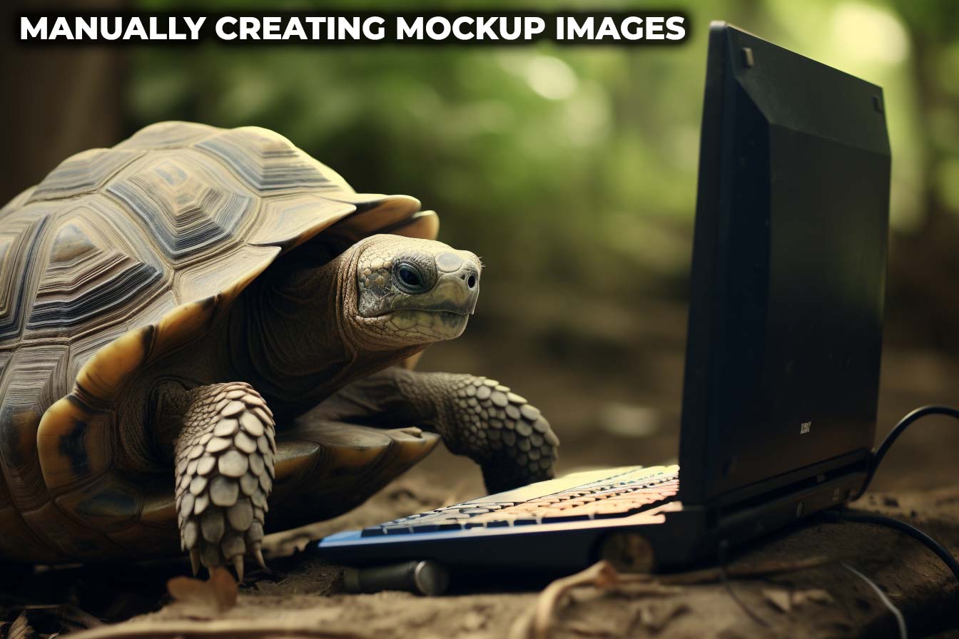 Tortoise using laptop computer, funny concept image depicting slow manual mockup creation vs. faster automation.