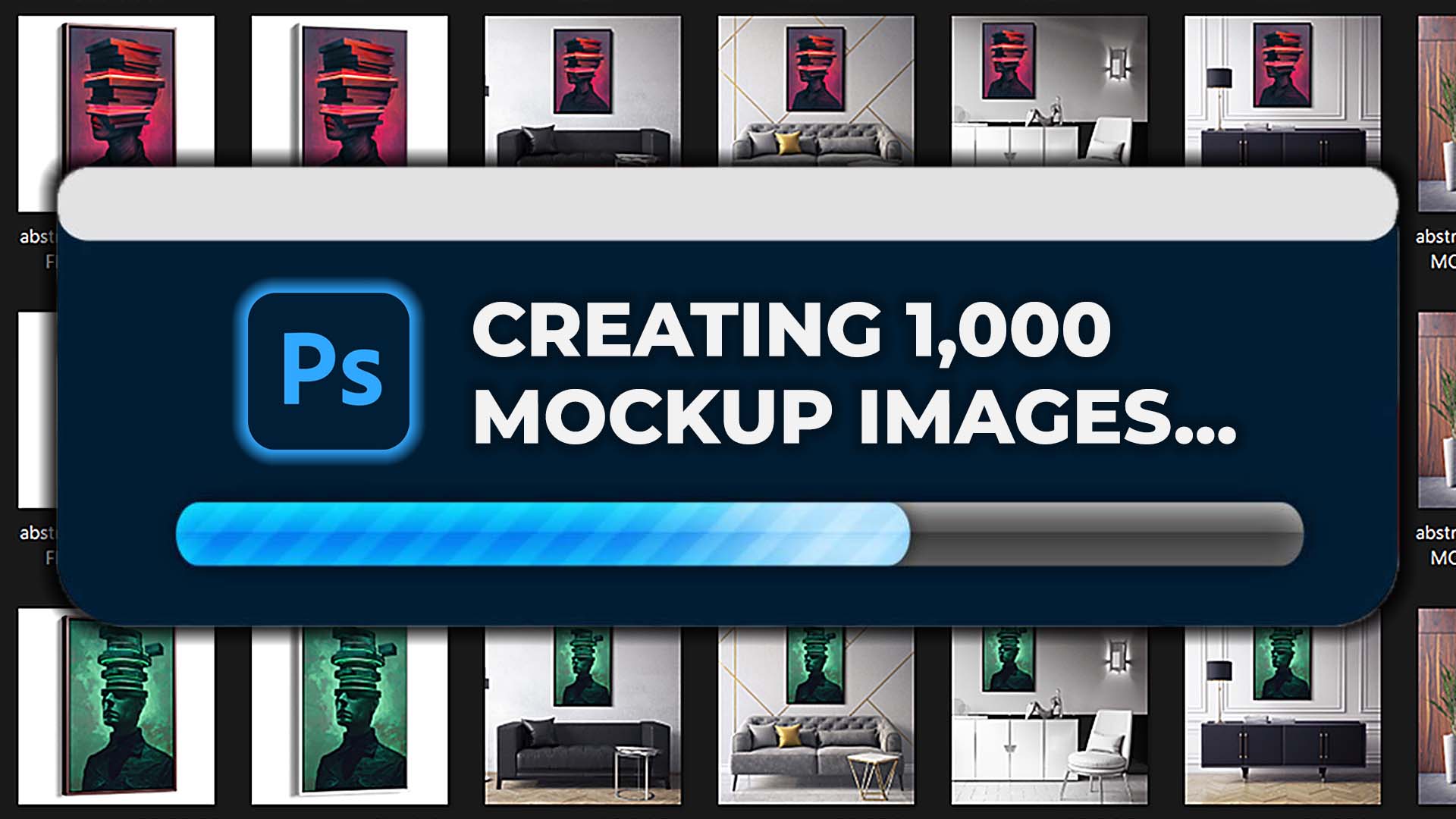 1000 mockup images being created automatically in Photoshop.