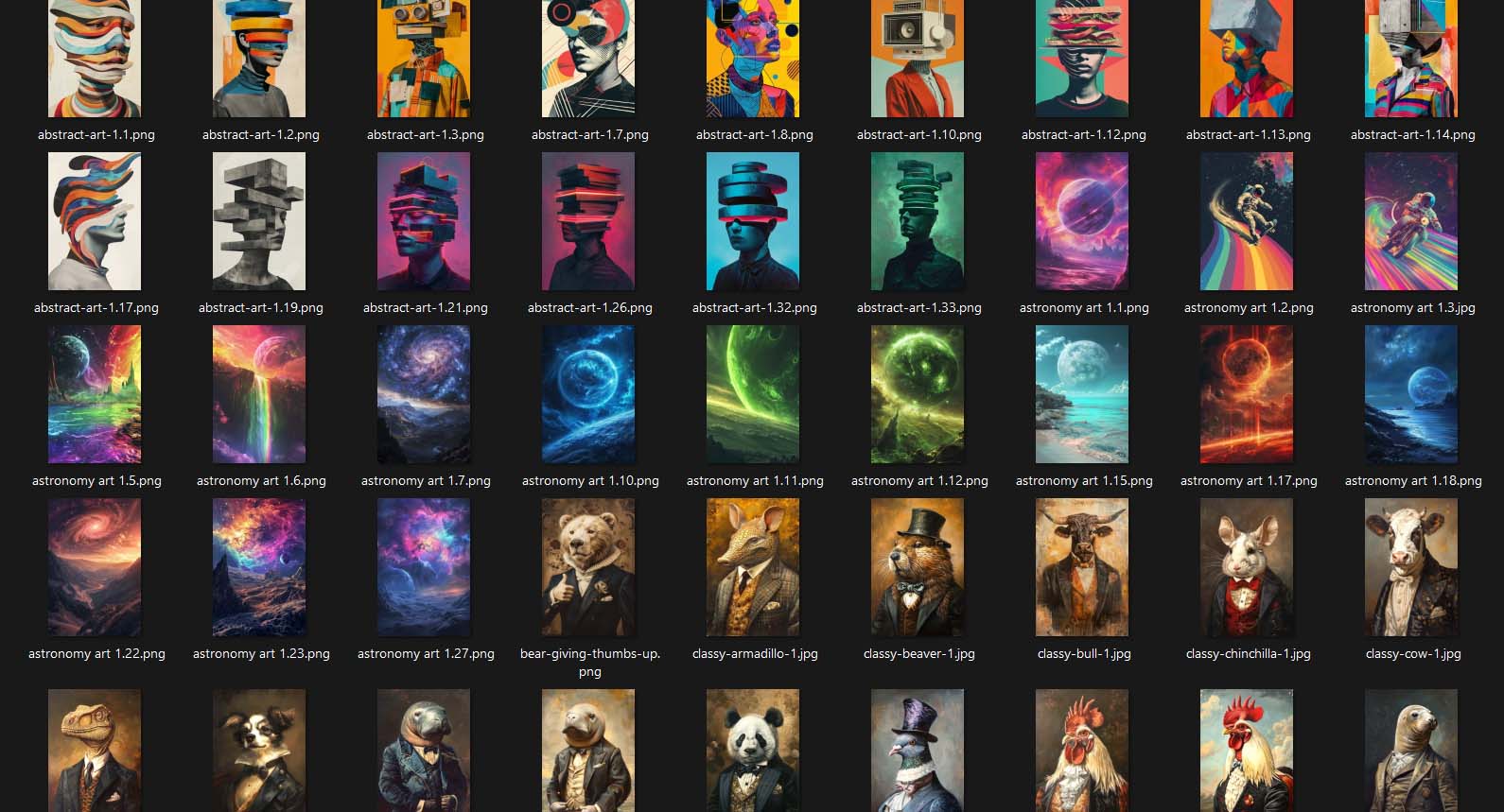 A folder full of artwork images, to be converted into mockups, using the Batch-Replace Smart Objects plugin.