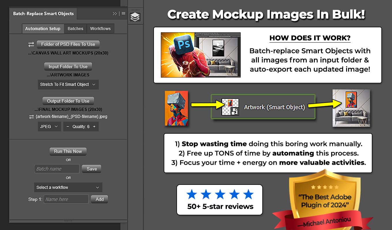 Batch-Replace Smart Objects Photoshop Plugin features/benefits explanation image.