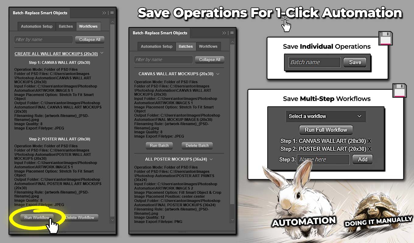 A saved Batch operation being run by the Batch-Replace Smart Objects plugin for Photoshop to automate mockup image creation with one button click.