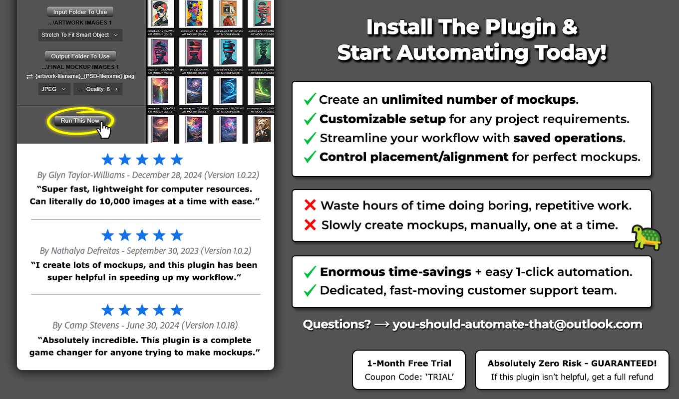 Concept image showcasing the Batch-Replace Smart Objects plugin for Photoshop automating bulk mockup image creation.