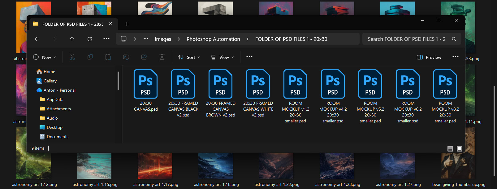 An entire folder of PSD and PSB files being used to automate mockup creation for the Batch-Replace Smart Objects Photoshop Plugin.
