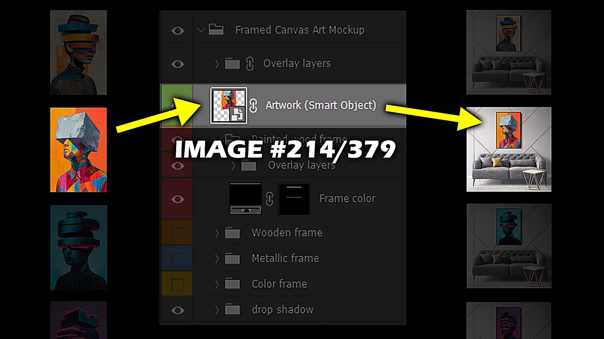Smart Object in Photoshop being batch-replaced to create mockup images, diagram image.