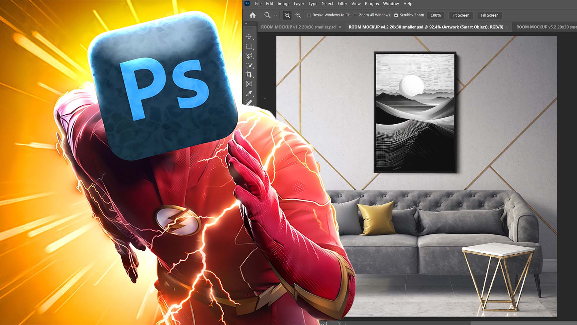 Funny concept image of mockup images being created very quickly and effortlessly in Photoshop.