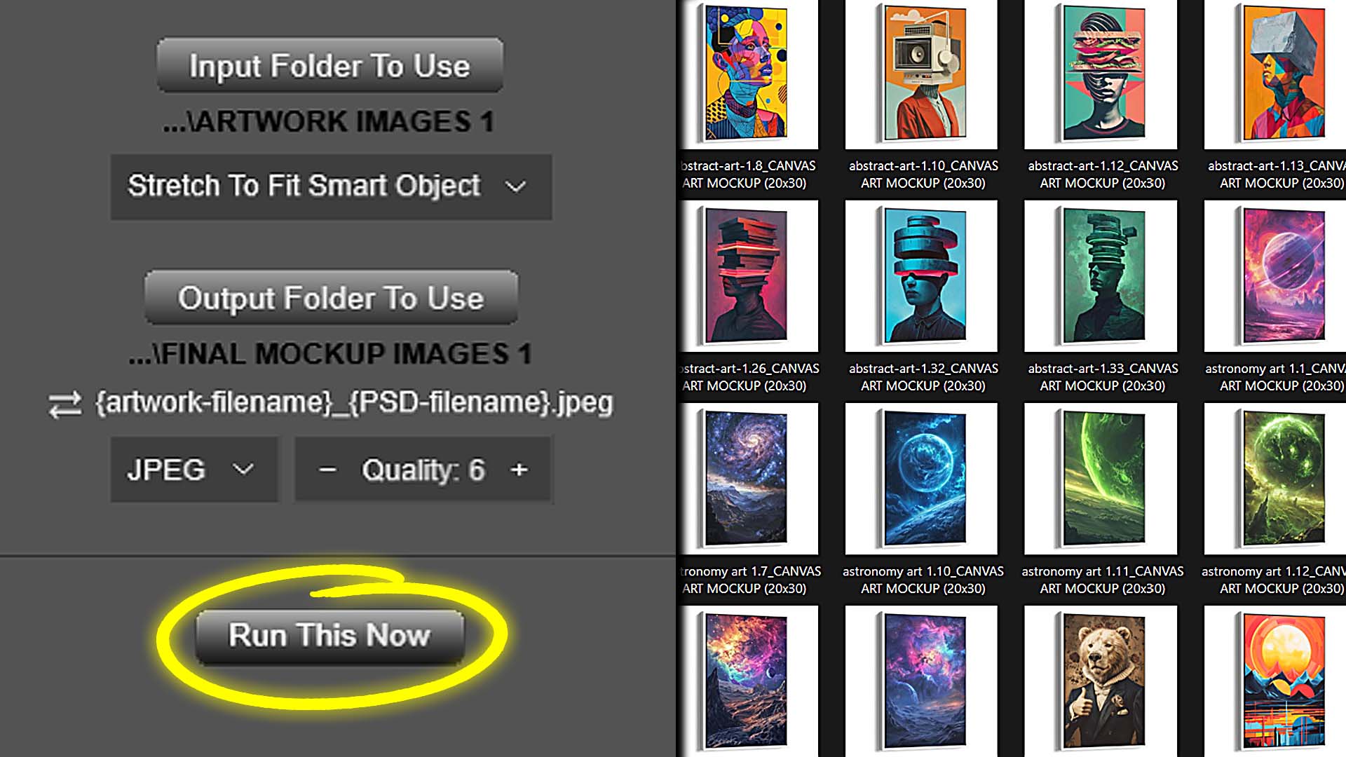 An automated mockup-image creation operation being run, via the Batch-Replace Smart Object Photoshop Plugin's interface.