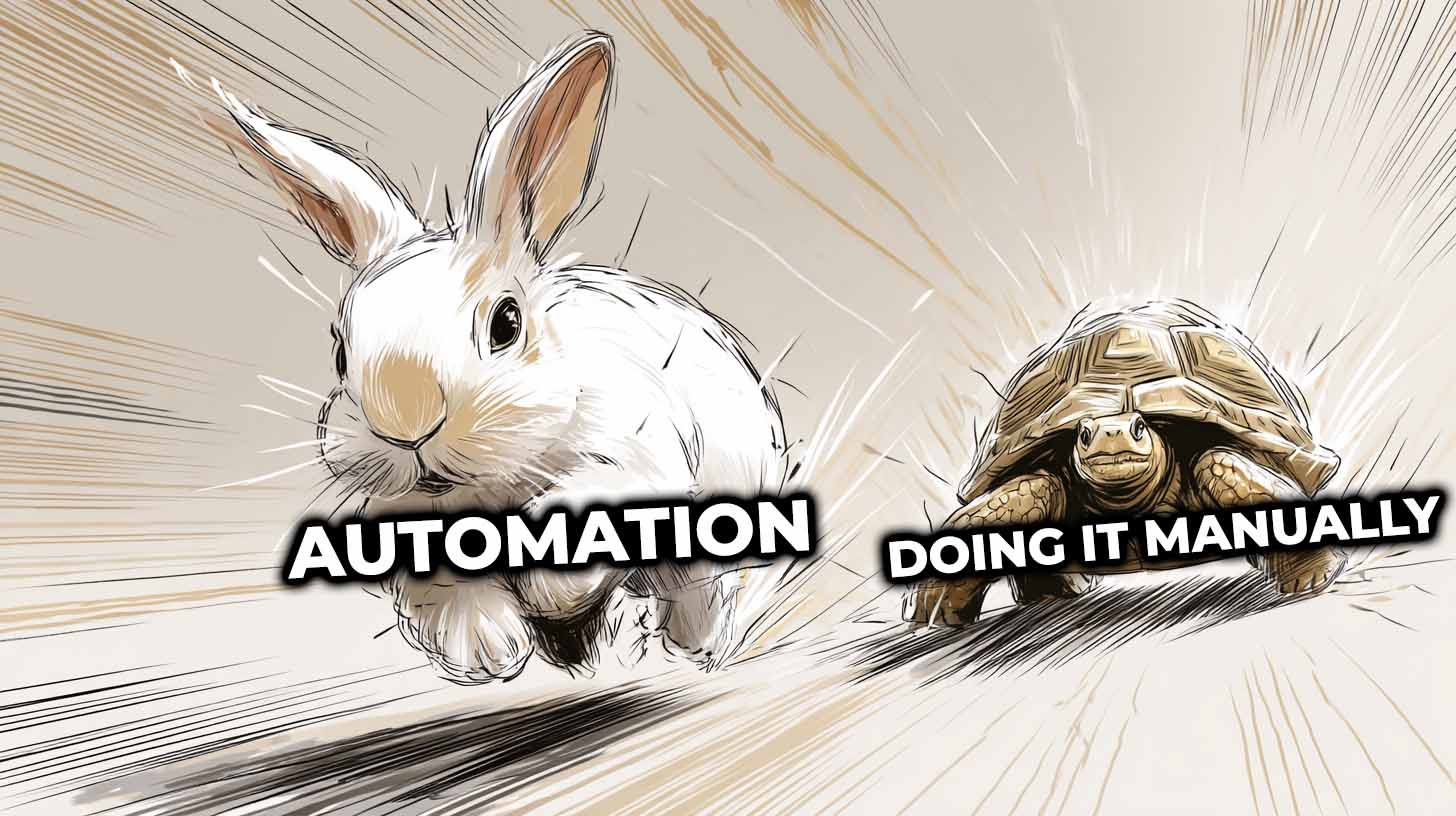Slow tortoise, representing manual mockup image creation, versus fast running hare which represents rapid mockup image automation.