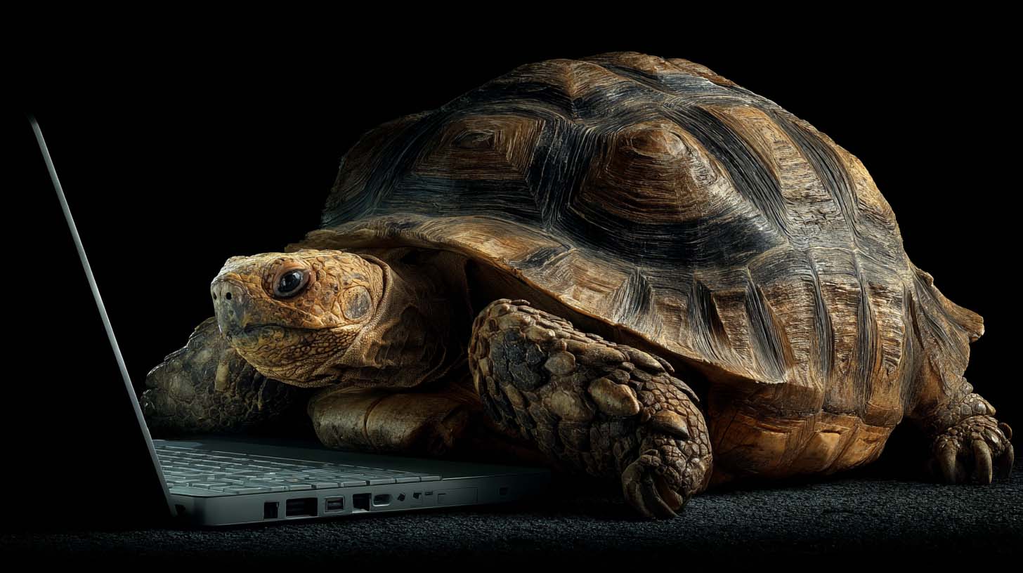 Slow tortoise using laptop computer, funny concept image of slow manual mockup image creation in Photoshop.